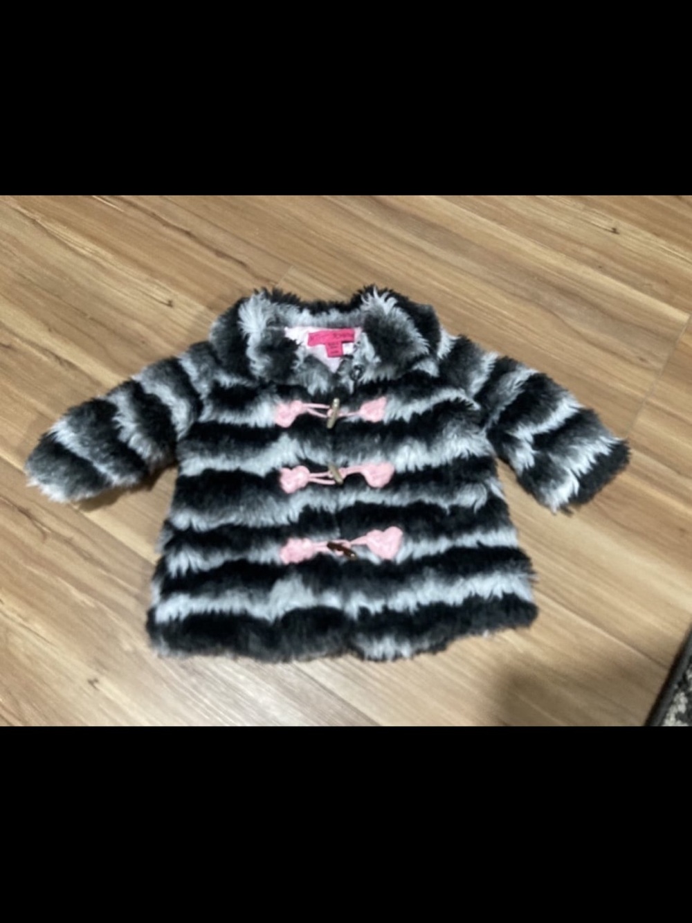 Betsey Johnson Black and Gray Faux Fur Stripe Coat with Pink Lining Size 6/9m